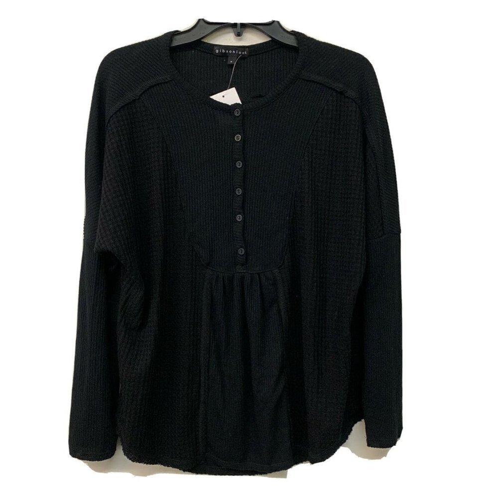 Gibson Look Womens Black Waffle Knit Blouse Long Sleeve Top